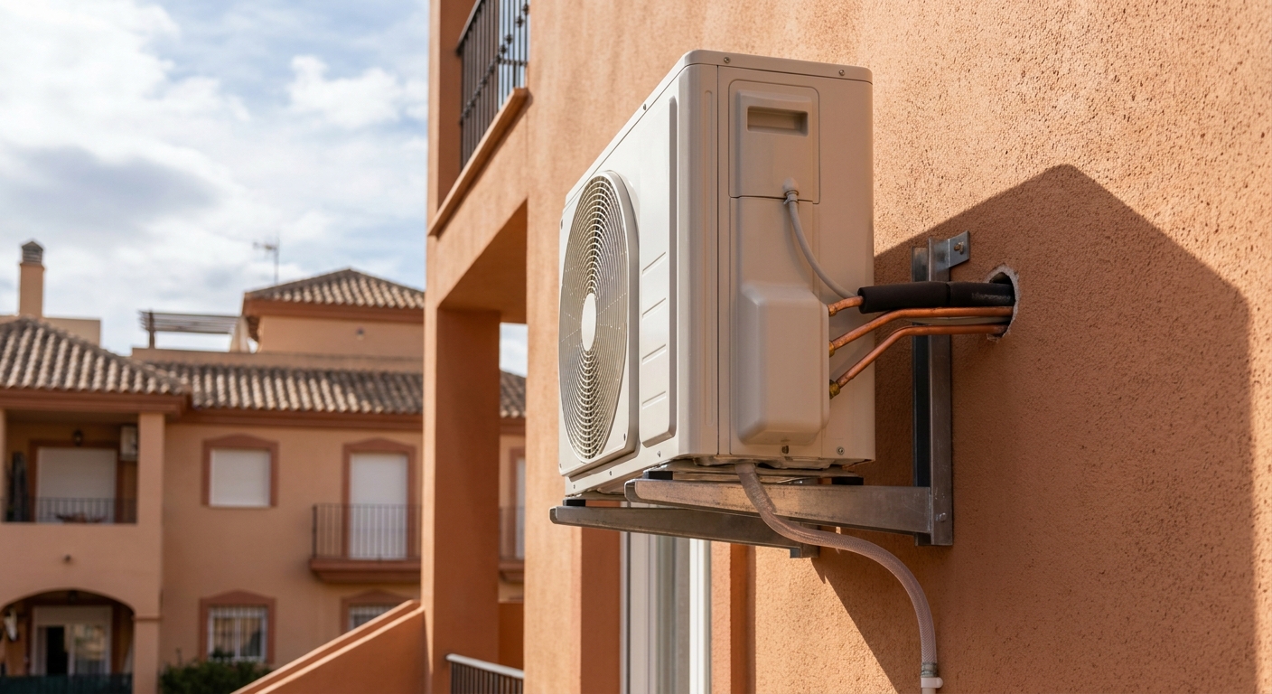Unidad exterior de aerotermia correctamente instalada en fachada residencial