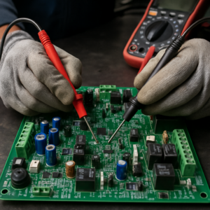 Technician diagnosing an air conditioning PCB with a multimeter