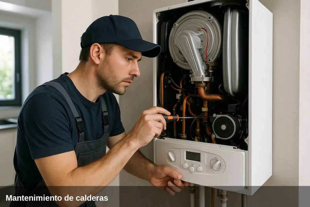 Technician performing maintenance on a wall-mounted boiler.
