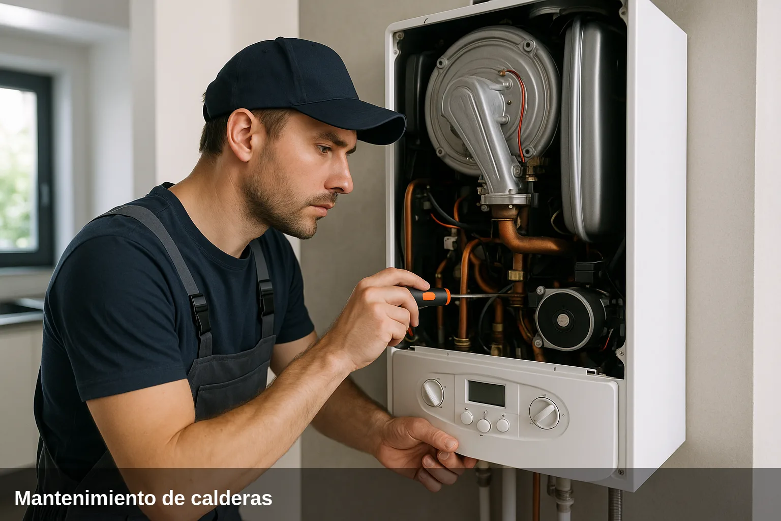 Technician performing maintenance on a wall-mounted boiler.