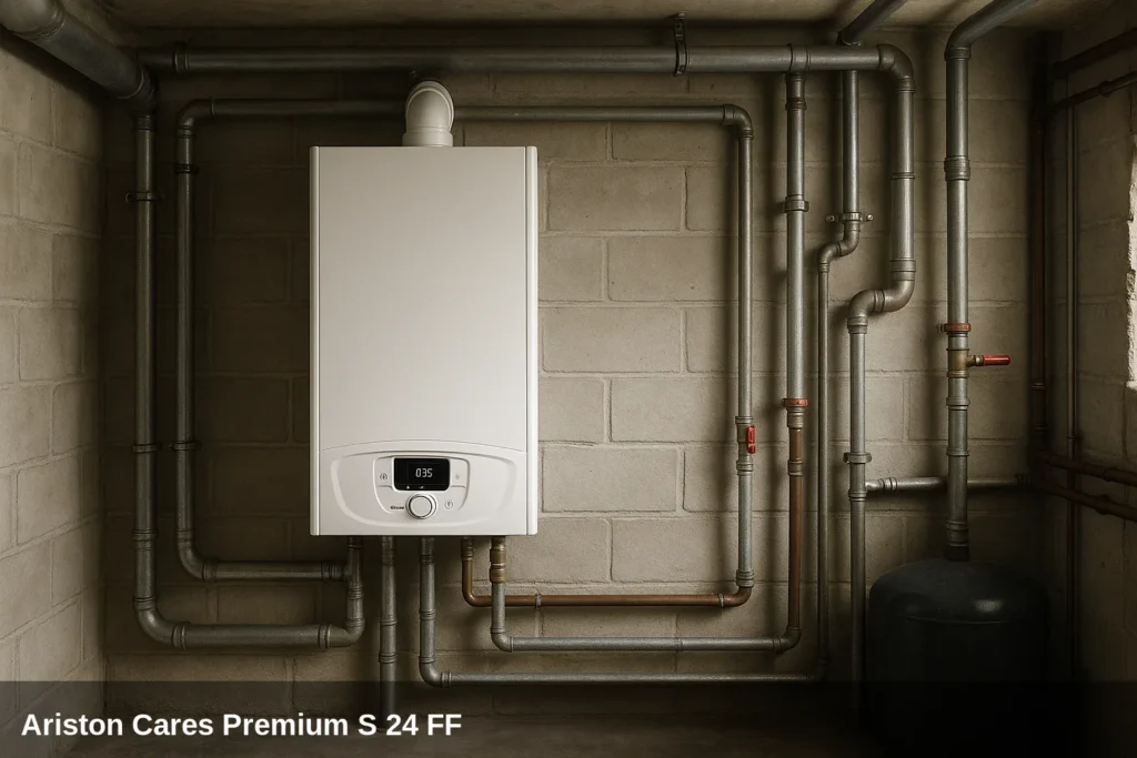 Caldera Ariston Cares Premium S 24 FF en cuarto de calderas.