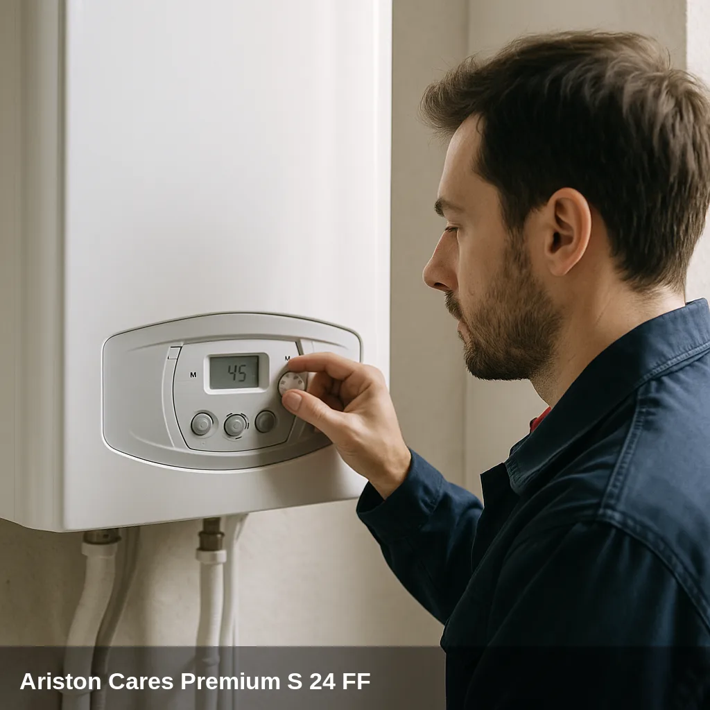 Fachkraft ajustando la Druck en la Heizkessel Ariston Cares Premium S 24 FF.