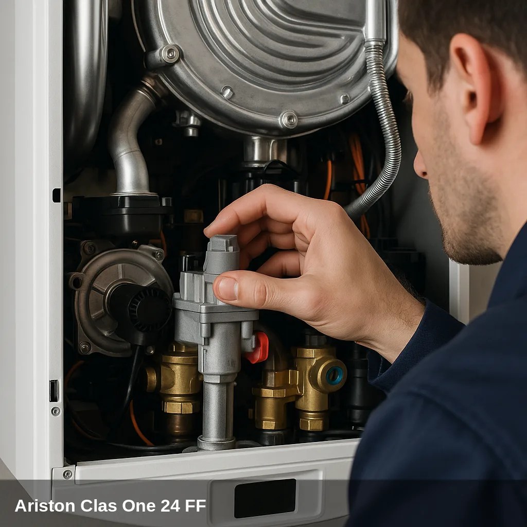 Fachkraft ajustando componentes de la Heizkessel Ariston Clas One 24 FF.