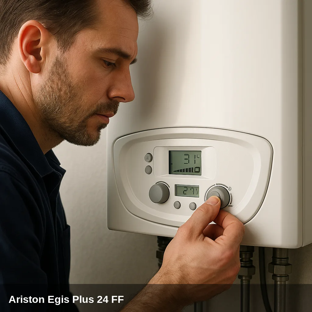Tecnico ajustando la pressione en la caldaia Ariston Egis Plus 24 FF.