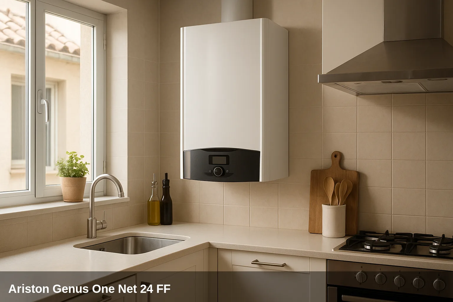 Heizkessel Ariston Genus One Net 24 FF en una cocina de piso pequeño en España.