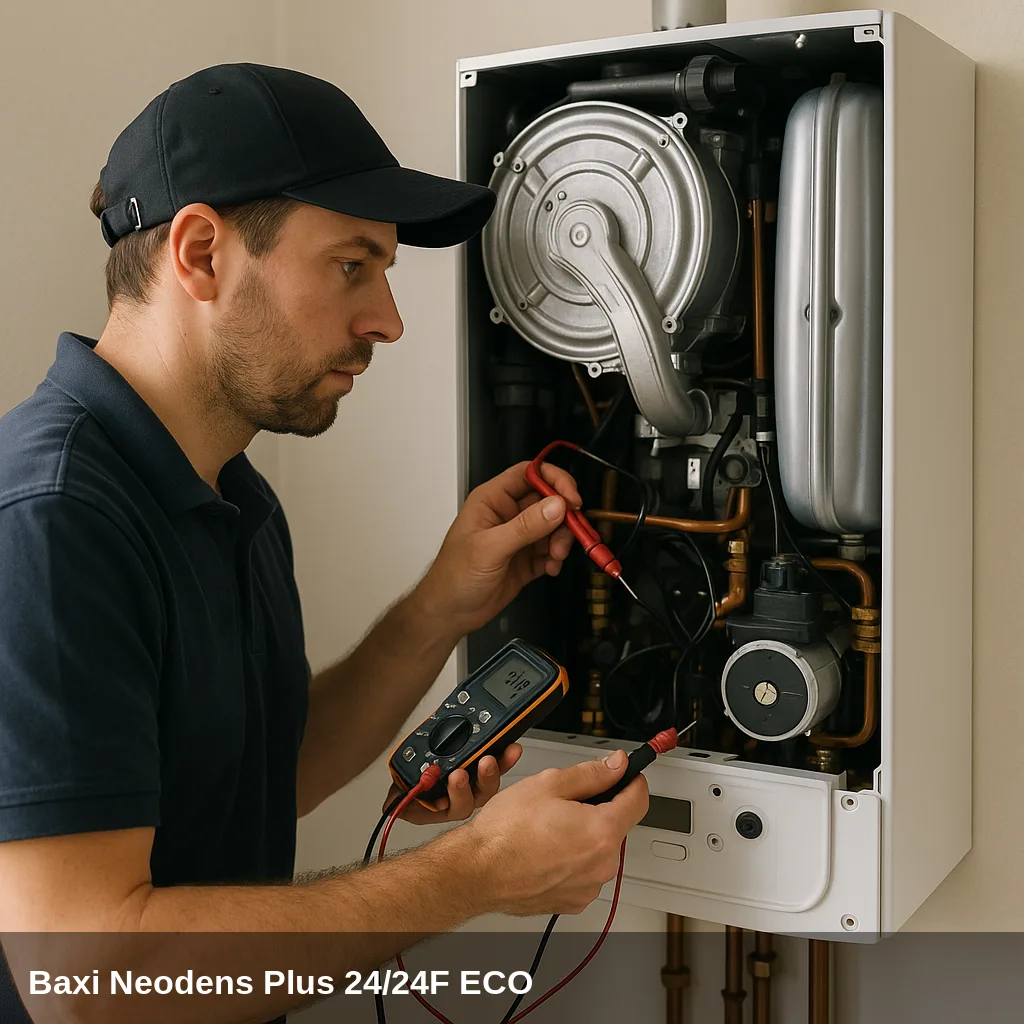 Tecnico diagnosticando la caldaia Baxi Neodens Plus 24/24F ECO.