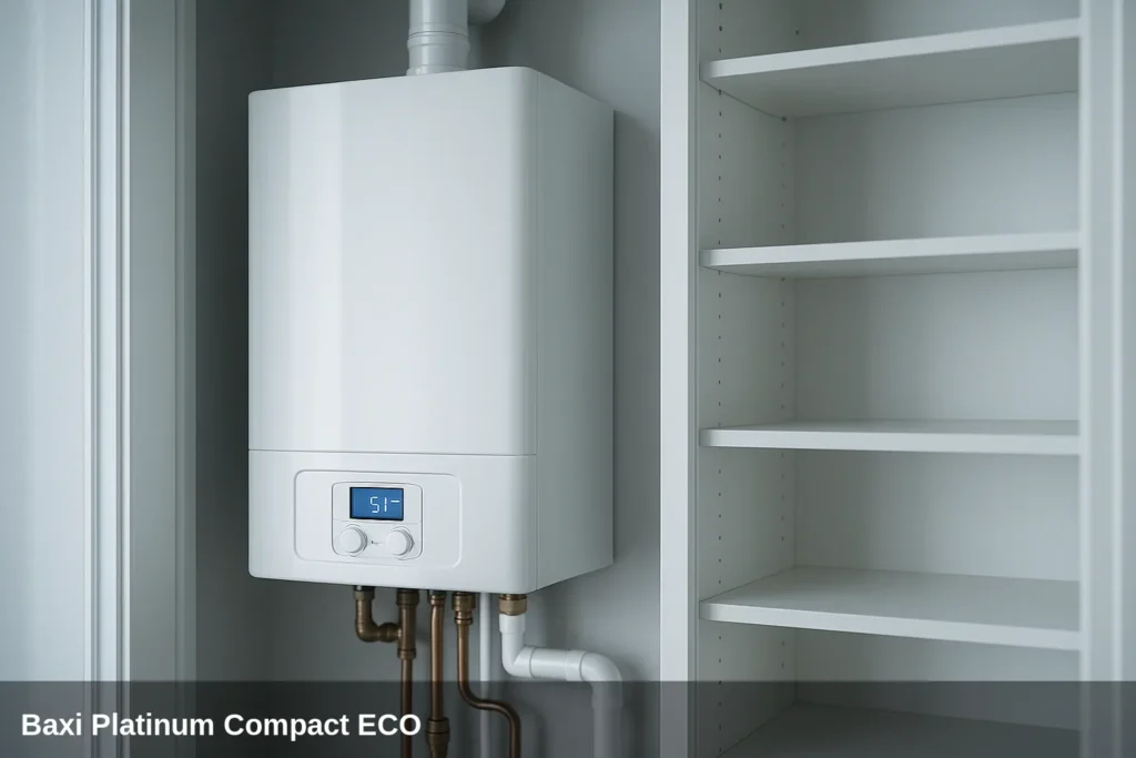 Baxi Platinum Compact ECO boiler installed showing a fault code E on the display