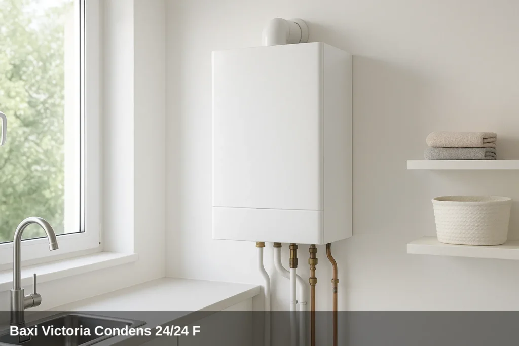 Caldera Baxi Victoria Condens 24/24 F en una sala de servicios limpia y luminosa.
