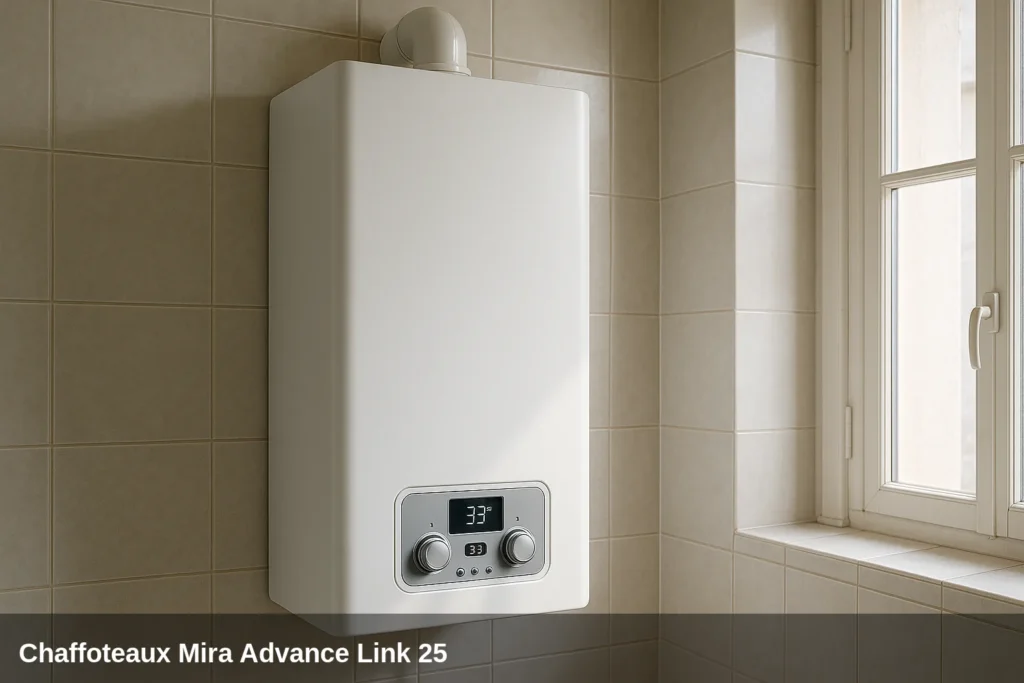 Caldera Chaffoteaux Mira Advance Link 25 en un baño con azulejos.