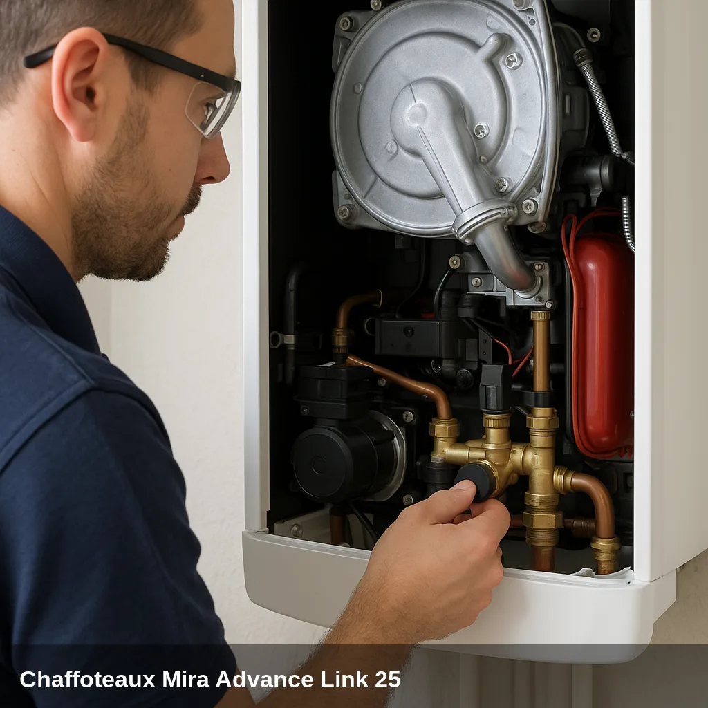 Fachkraft ajustando una Ventil en la Heizkessel Chaffoteaux Mira Advance Link 25.