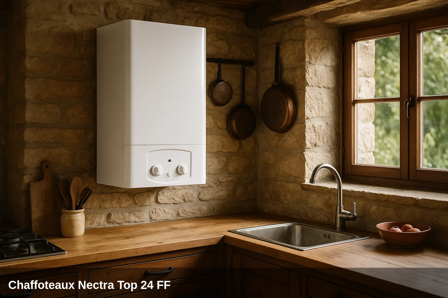 Heizkessel Chaffoteaux Nectra Top 24 FF en una cocina rústica.