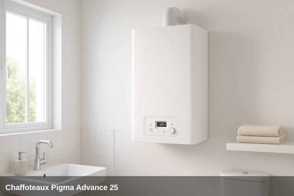 Caldera mural Chaffoteaux Pigma Advance 25 en baño blanco moderno.