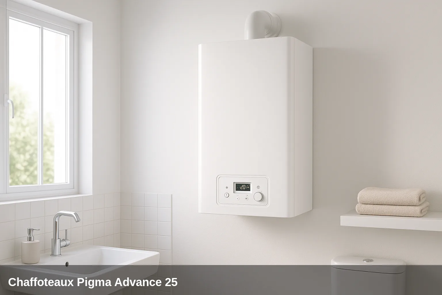 Heizkessel mural Chaffoteaux Pigma Advance 25 en baño blanco moderno.