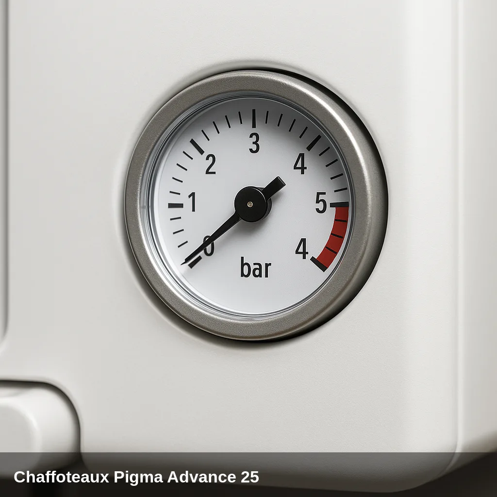 Primer plano del Manometer de la Heizkessel Chaffoteaux Pigma Advance 25.