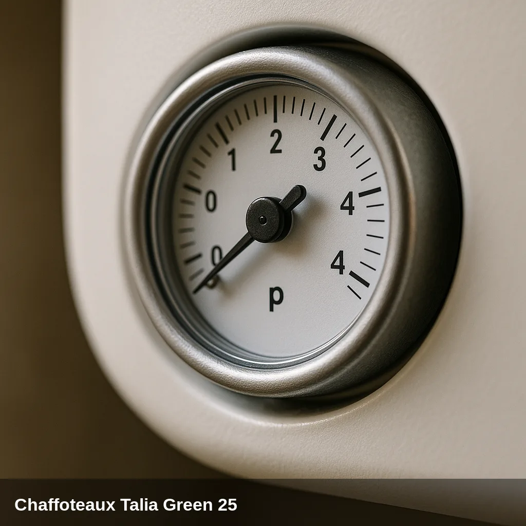 Primer plano del manometro de la caldaia Chaffoteaux Talia Green 25.
