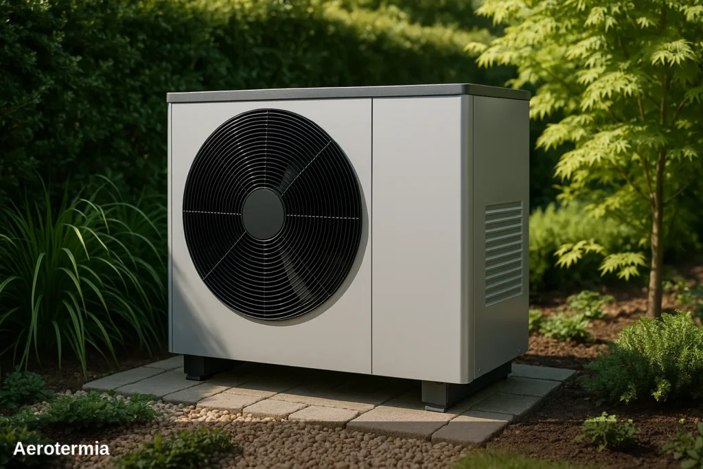 Unidad de bomba de calor aerotérmica instalada en un jardín.