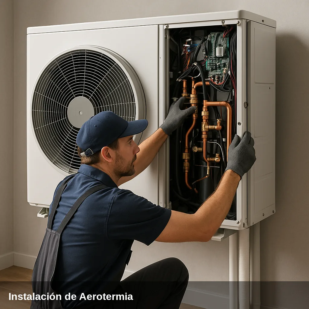 Técnico instalando un sistema de bomba de calor interior.