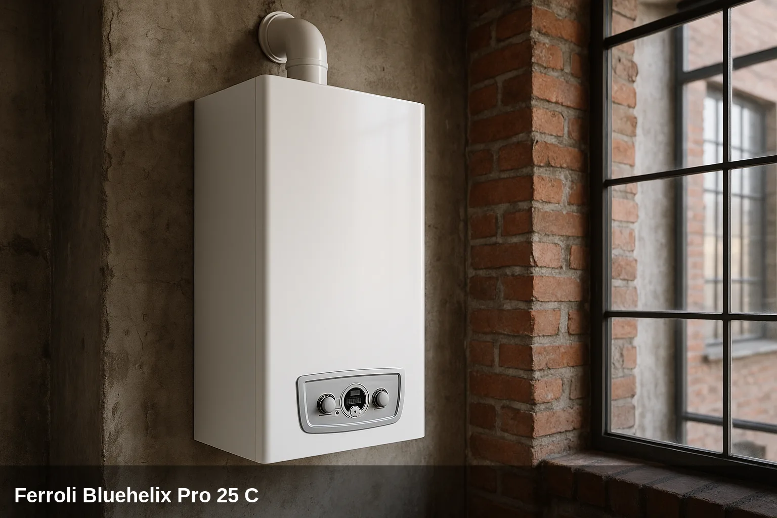 Caldaia Ferroli Bluehelix Pro 25 C montada en una esquina de loft industrial.