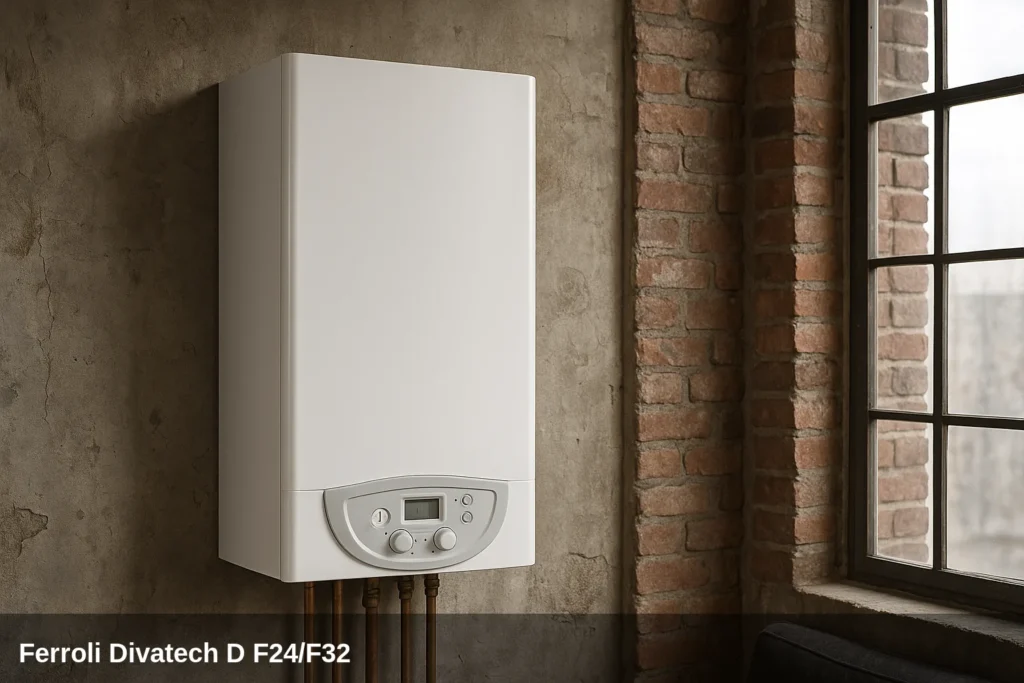 Caldera Ferroli Divatech D F24/F32 montada en un loft de estilo industrial.