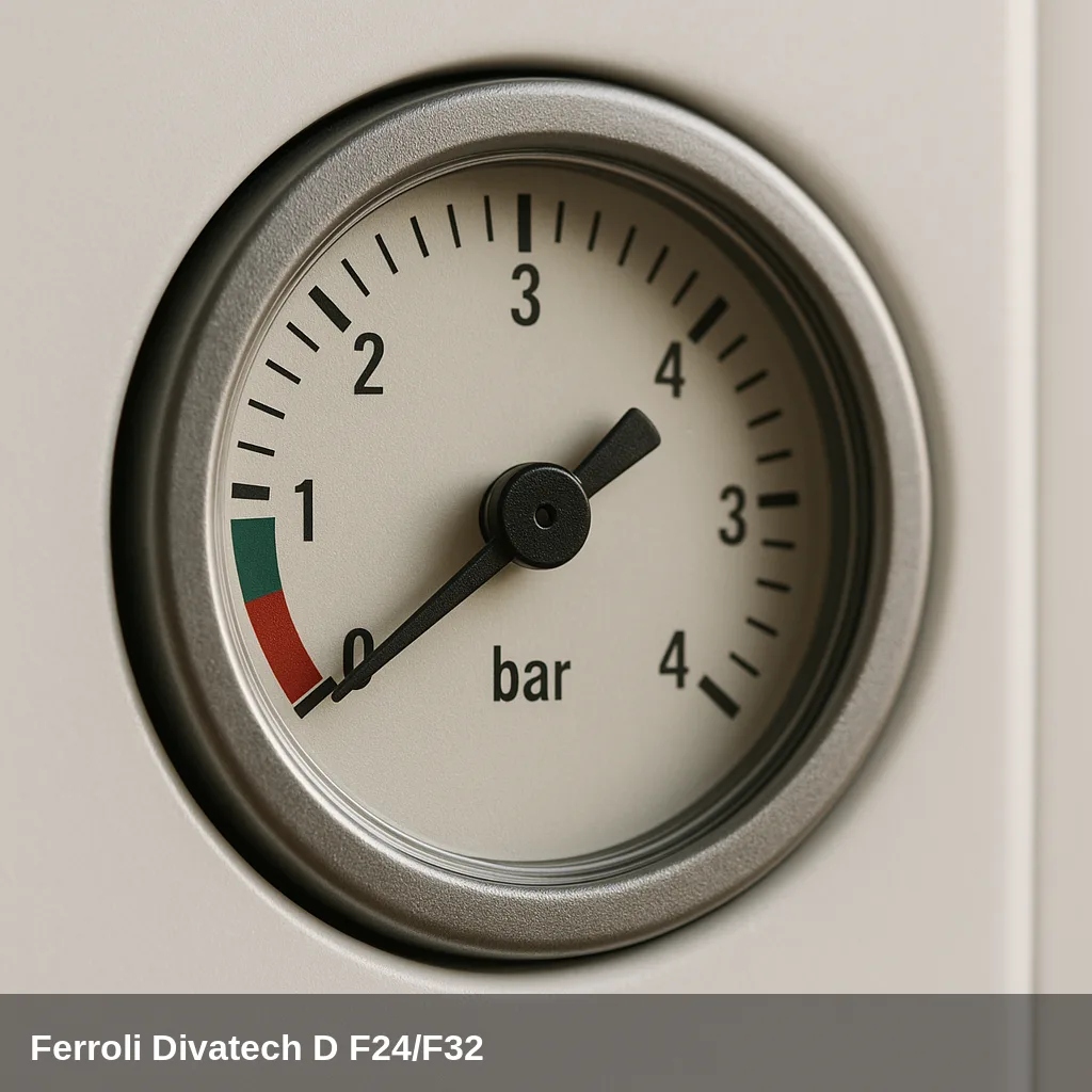 Primer plano del Manometer en la Heizkessel Ferroli Divatech D F24/F32.