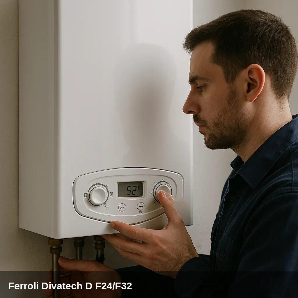 Fachkraft ajustando la Heizkessel Ferroli Divatech D F24/F32.