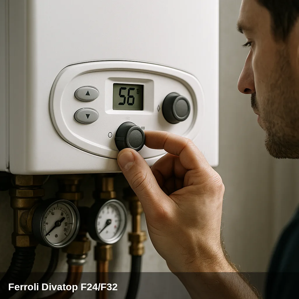 Tecnico ajustando la pressione en caldaia Ferroli Divatop F24/F32.