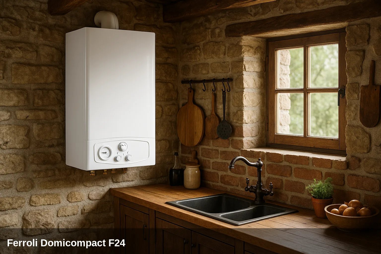 Caldaia Ferroli Domicompact F24 en cocina de casa rústica.