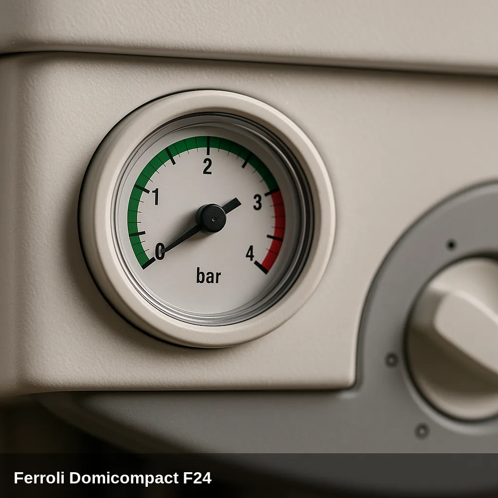 Manometro de la caldaia Ferroli Domicompact F24 en primer plano.