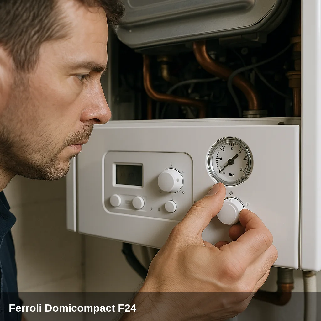 Tecnico diagnosticando o mano ajustando la caldaia Ferroli Domicompact F24.