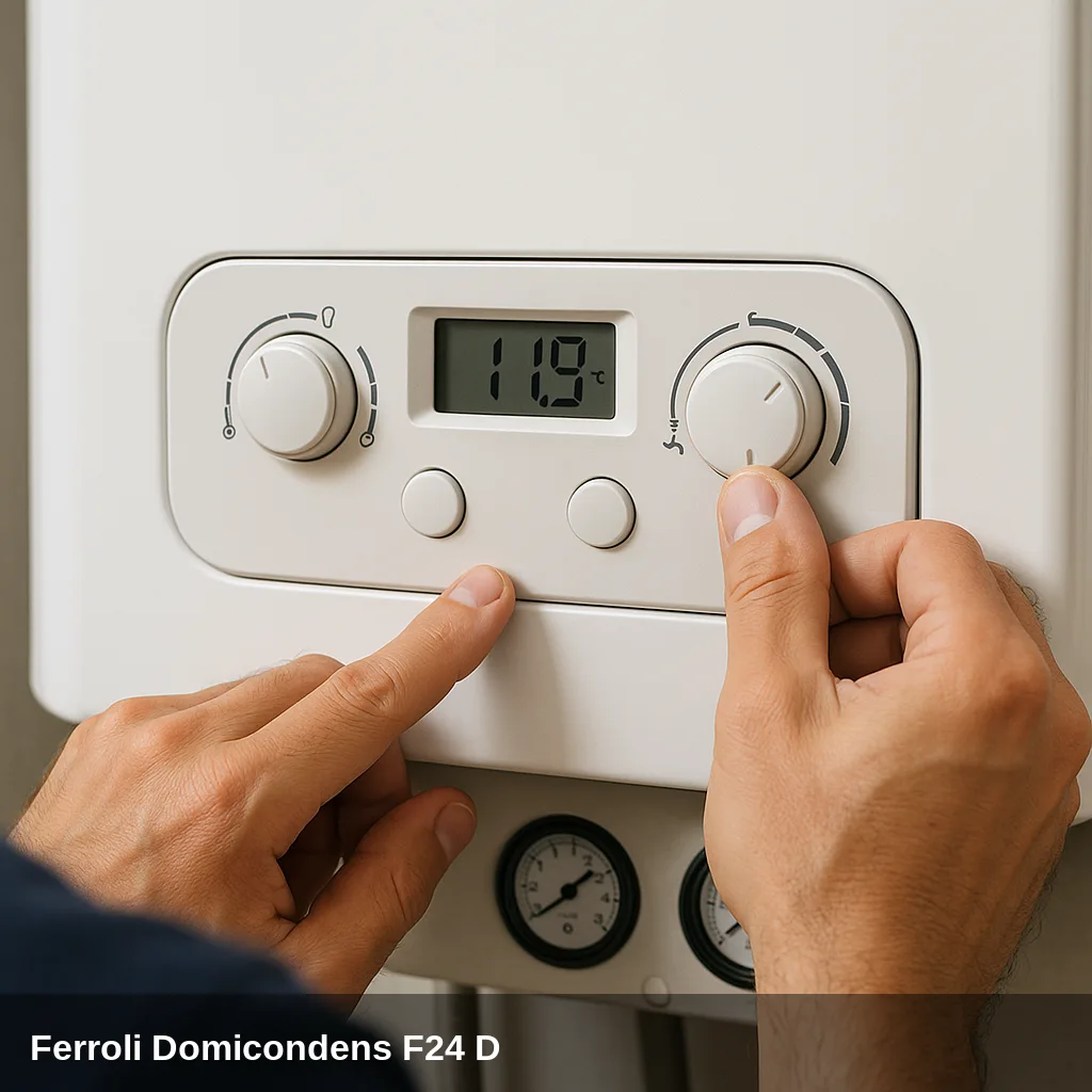 Tecnico ajustando la caldaia Ferroli Domicondens F24 D.