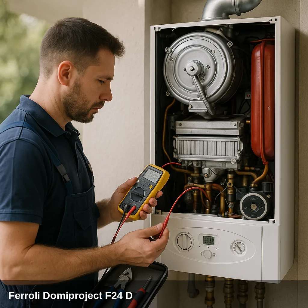 Fachkraft diagnosticando Heizkessel Ferroli Domiproject F24 D.