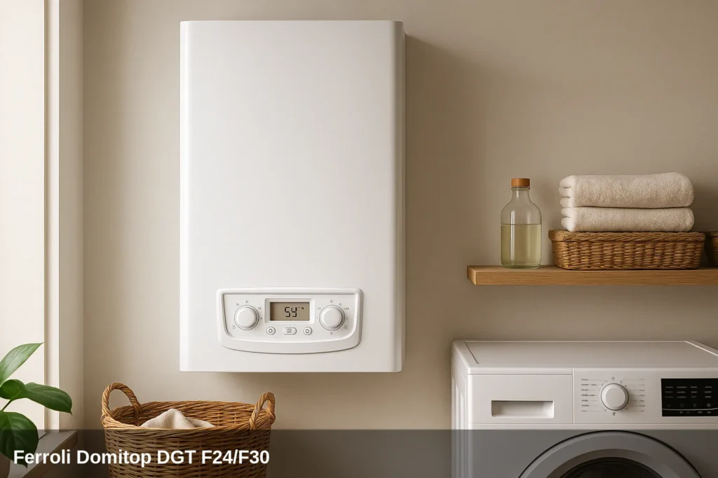 Ferroli Domitop DGT F24/F30 boiler in a domestic laundry.