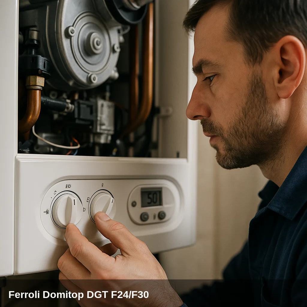 Tecnico diagnosticando la caldaia Ferroli Domitop DGT F24/F30.