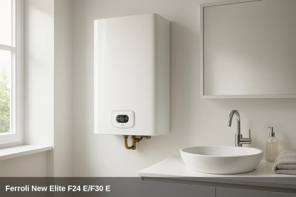 Ferroli New Elite F24 E/F30 E boiler in white bathroom.