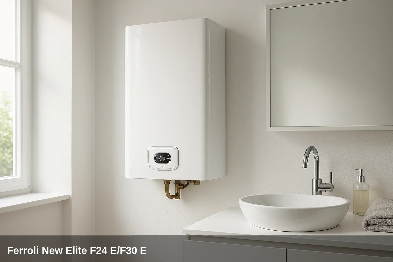 Caldaia Ferroli New Elite F24 E/F30 E en baño blanco.