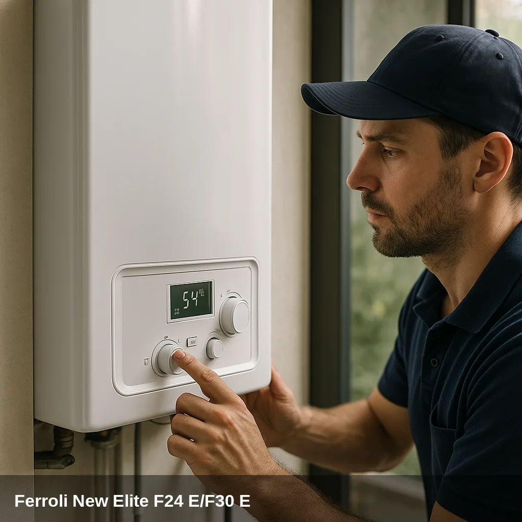 Tecnico ajustando caldaia Ferroli New Elite F24 E/F30 E.