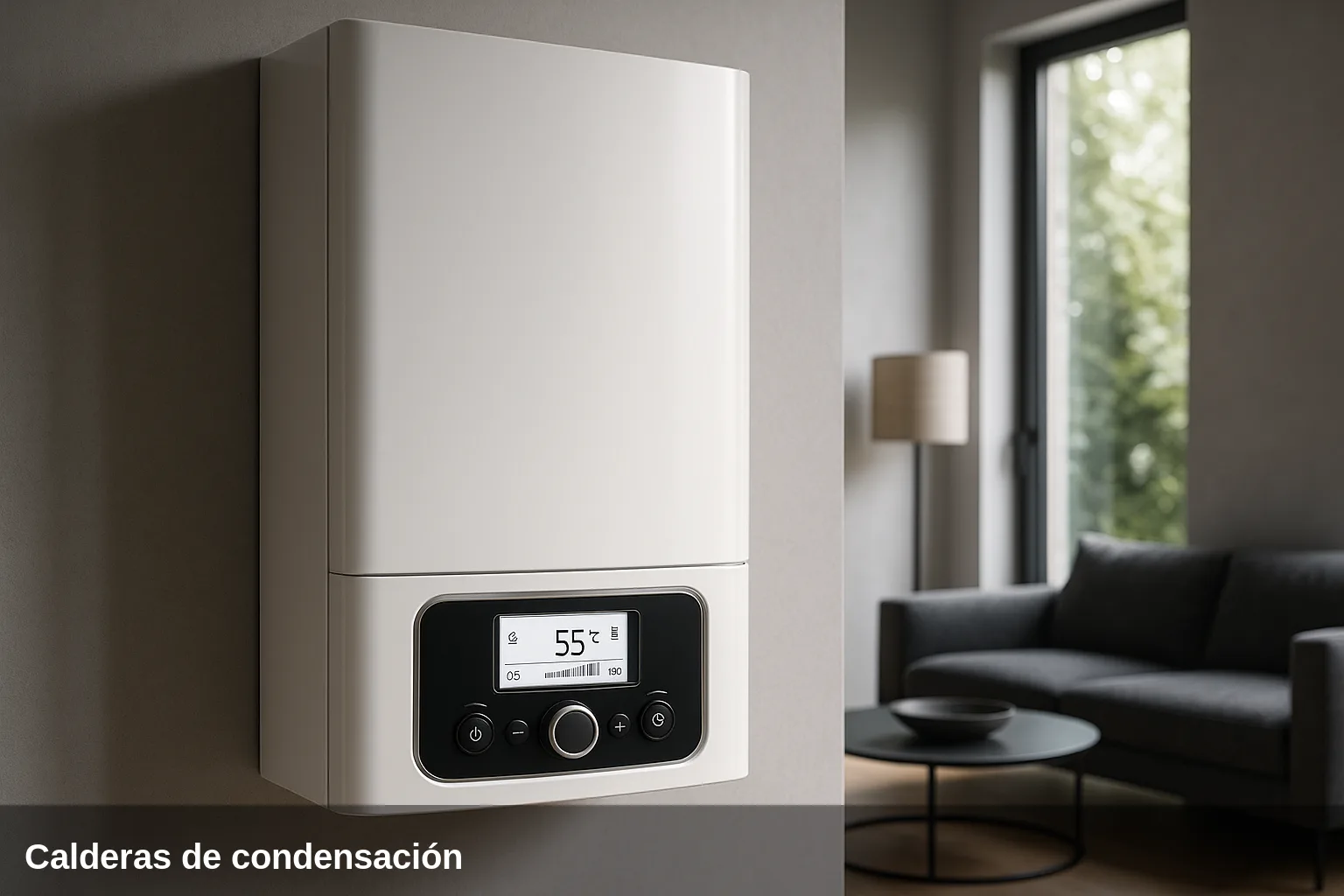 Modern condensing boiler in a domestic setting.