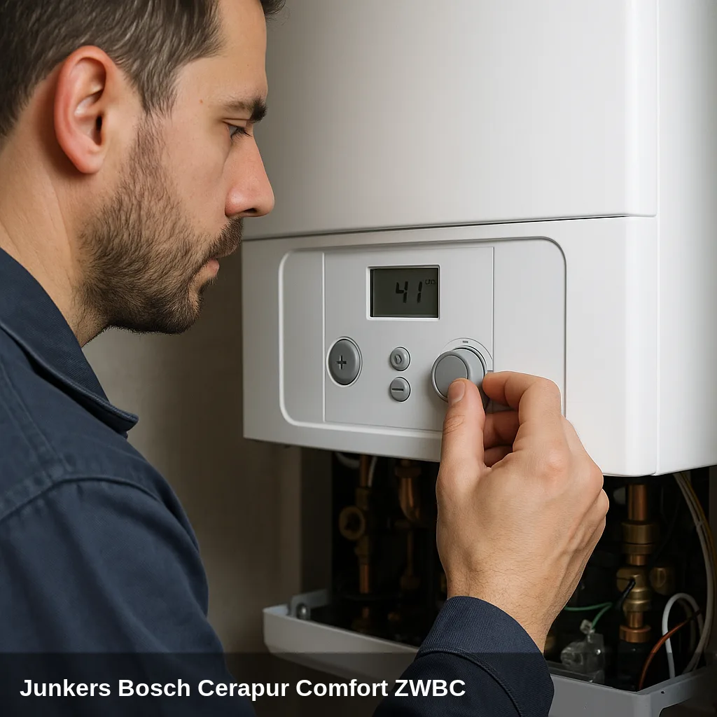 Fachkraft diagnosticando Heizkessel Junkers Bosch Cerapur Comfort ZWBC