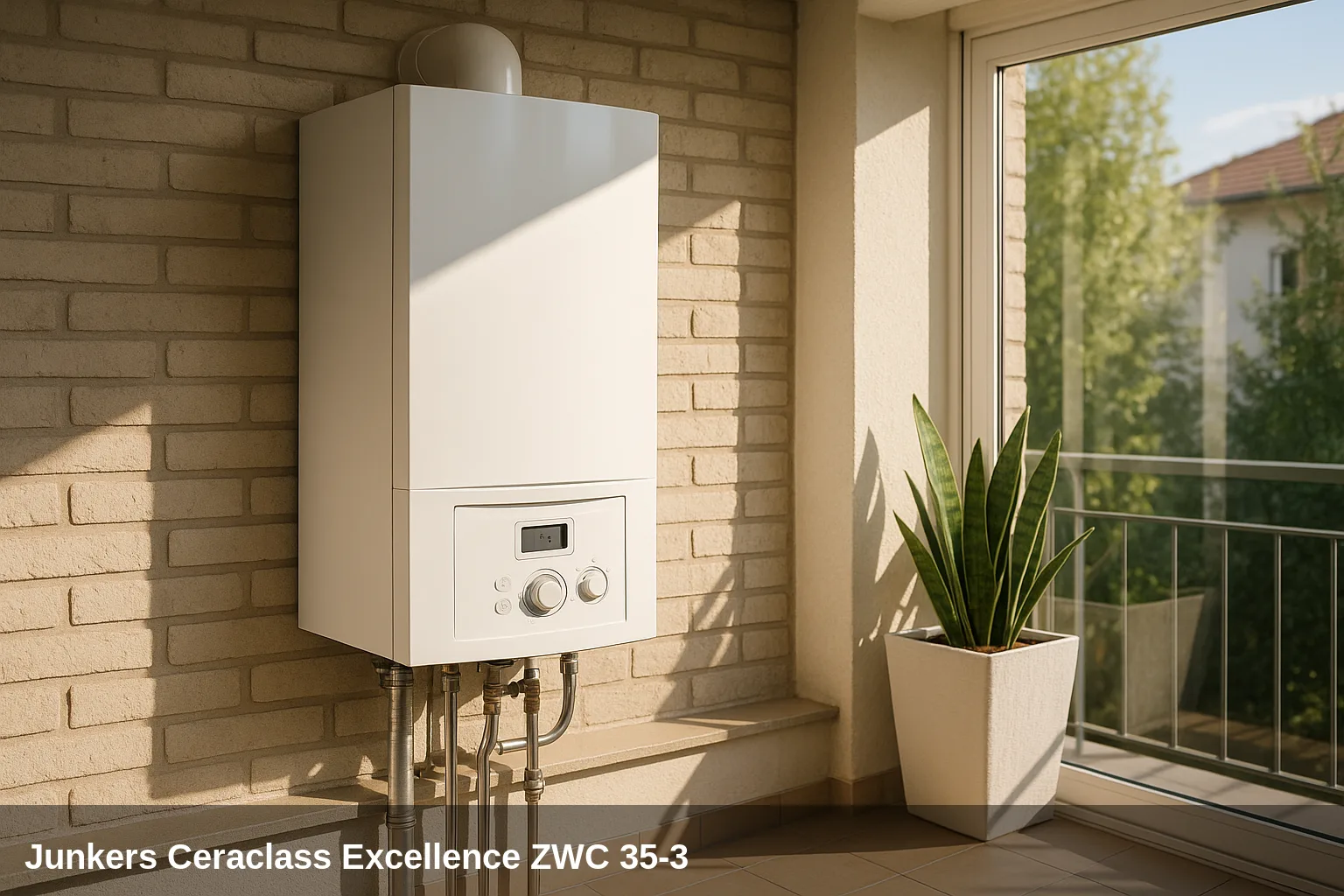 Caldaia Junkers Ceraclass Excellence ZWC 35-3 en balcón soleado.