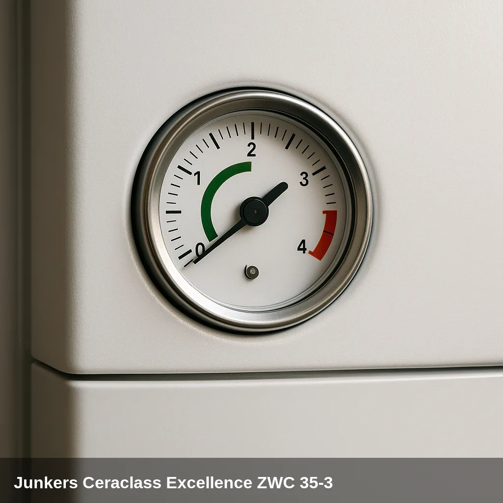 Primer plano del manometro de la caldaia Junkers Ceraclass Excellence ZWC 35-3.