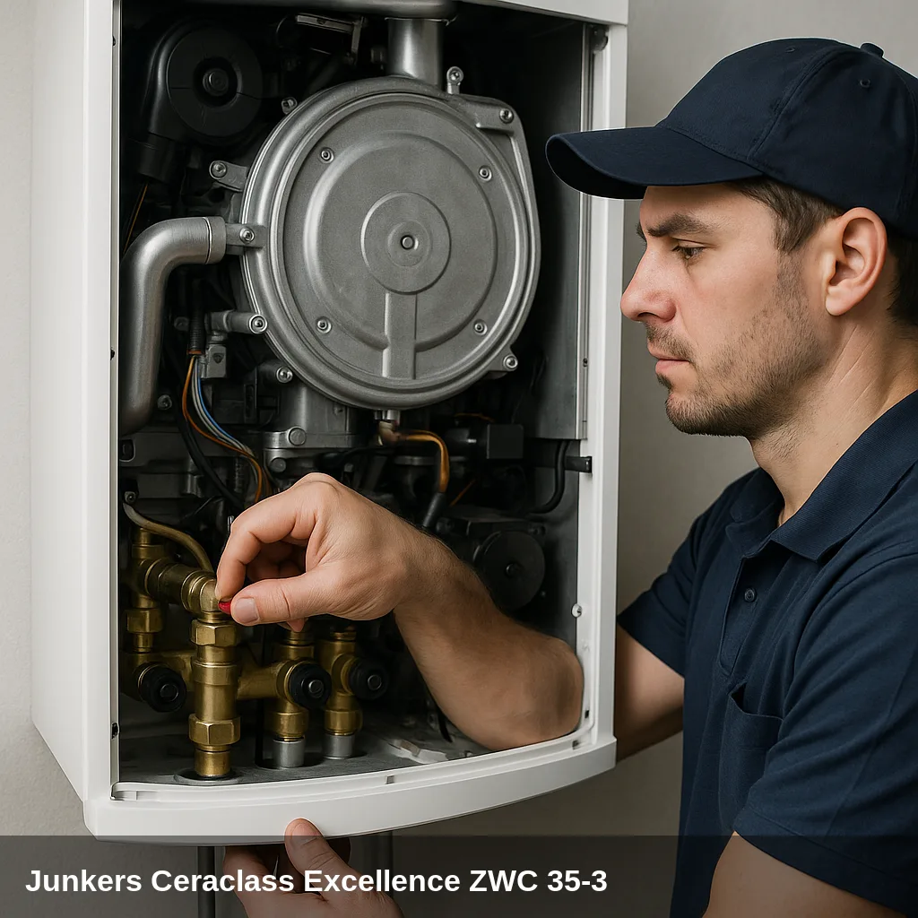 Técnico ajustando una válvula en la caldera Junkers Ceraclass Excellence ZWC 35-3.