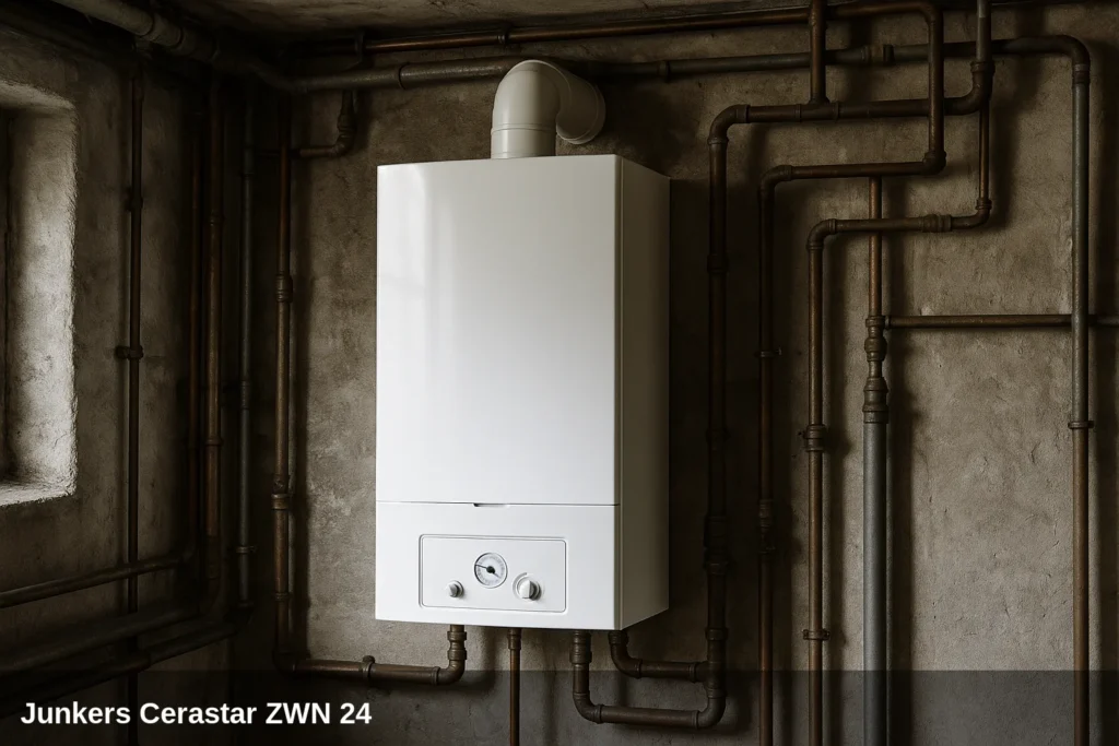 Junkers Cerastar ZWN 24 boiler in a boiler room with exposed pipes.