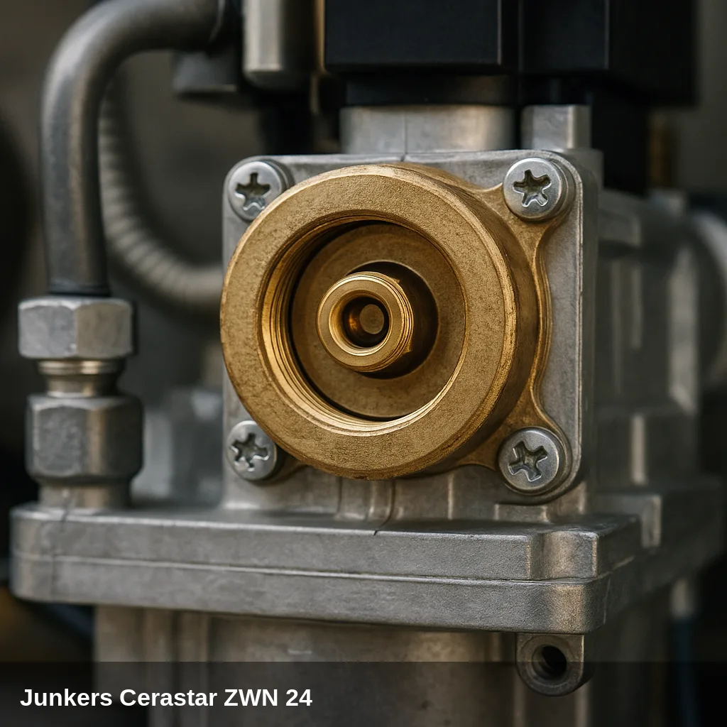Primer plano de la valvola gas de la caldaia Junkers Cerastar ZWN 24.