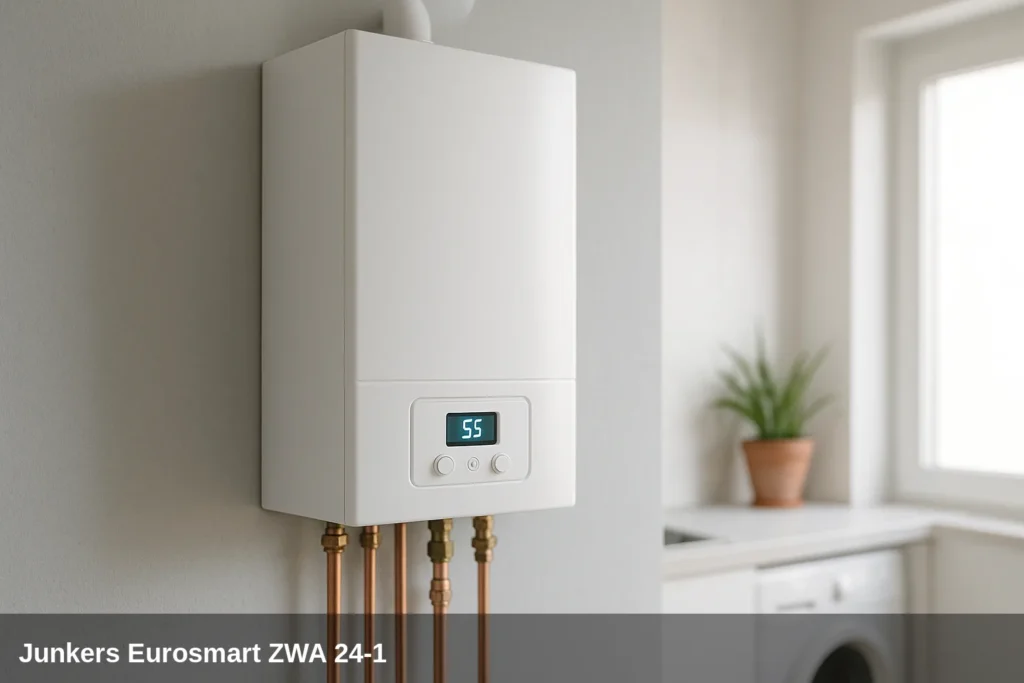 Junkers Eurosmart ZWA 24-1 boiler installed on the wall displaying a fault code on the display