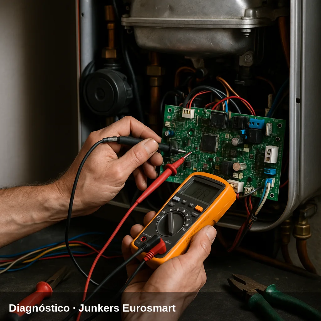 Tecnico che diagnostica la scheda elettronica di una Junkers Bosch Eurosmart ZWA 24-1 con un multimetro