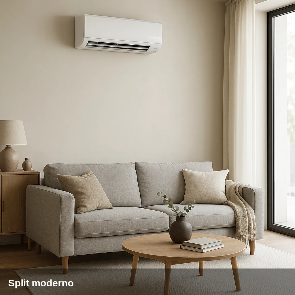 Aire acondicionado split montado en la pared de una sala de estar moderna.
