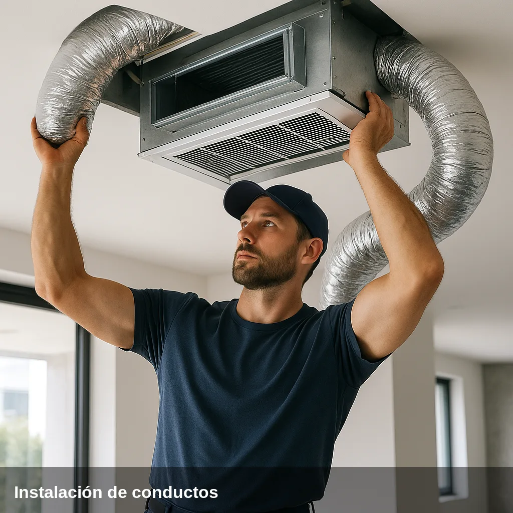 Técnico instalando un sistema de aire acondicionado por conductos en una casa moderna.