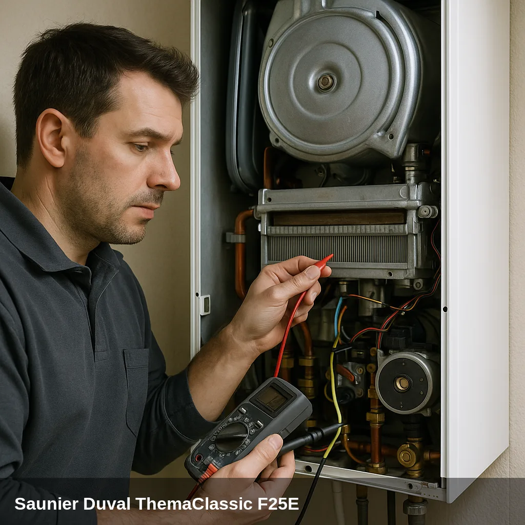 Tecnico diagnosticando una caldaia Saunier Duval ThemaClassic F25E.