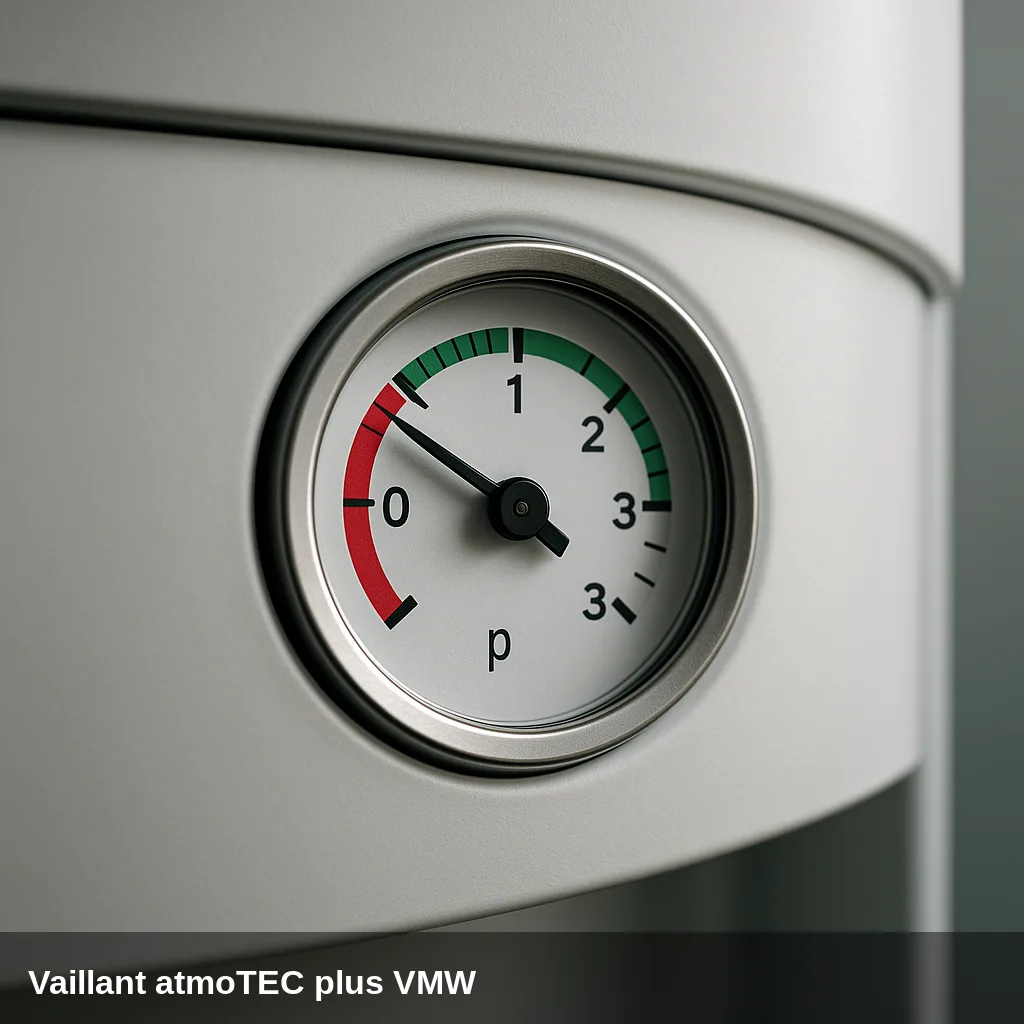 Manometro de la caldaia Vaillant atmoTEC plus VMW mostrando baja pressione.