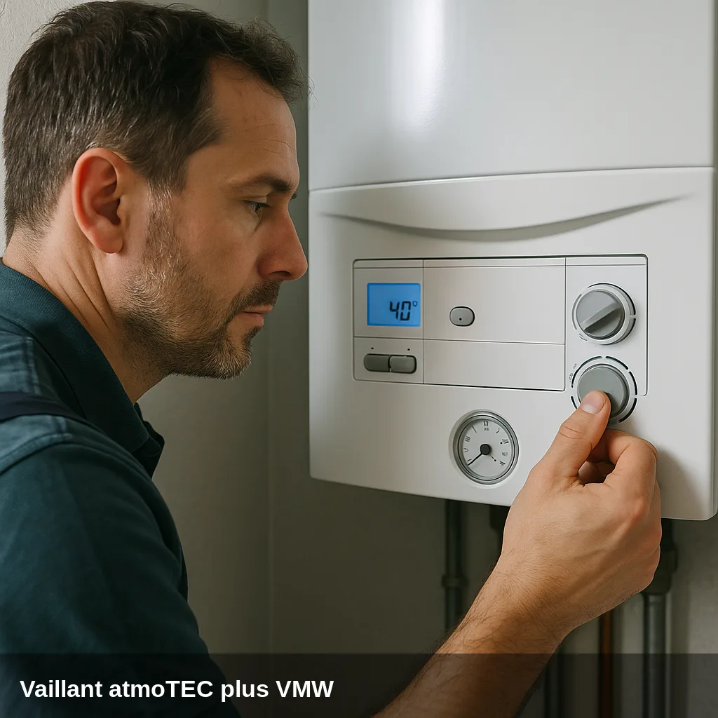 Tecnico ajustando la pressione en la caldaia Vaillant atmoTEC plus VMW.